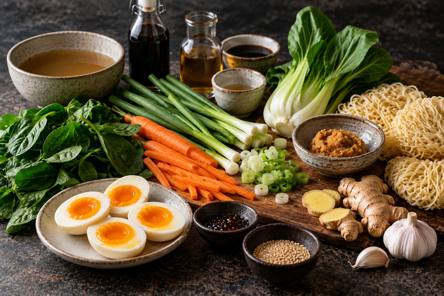 Frisches Gemüse und Zutaten für schnelle Ramen